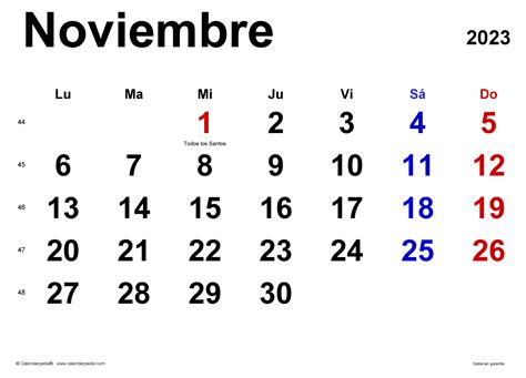 Mes De Noviembre 2023 Calendario noviembre 2023 en Word, Excel y PDF - Calendarpedia